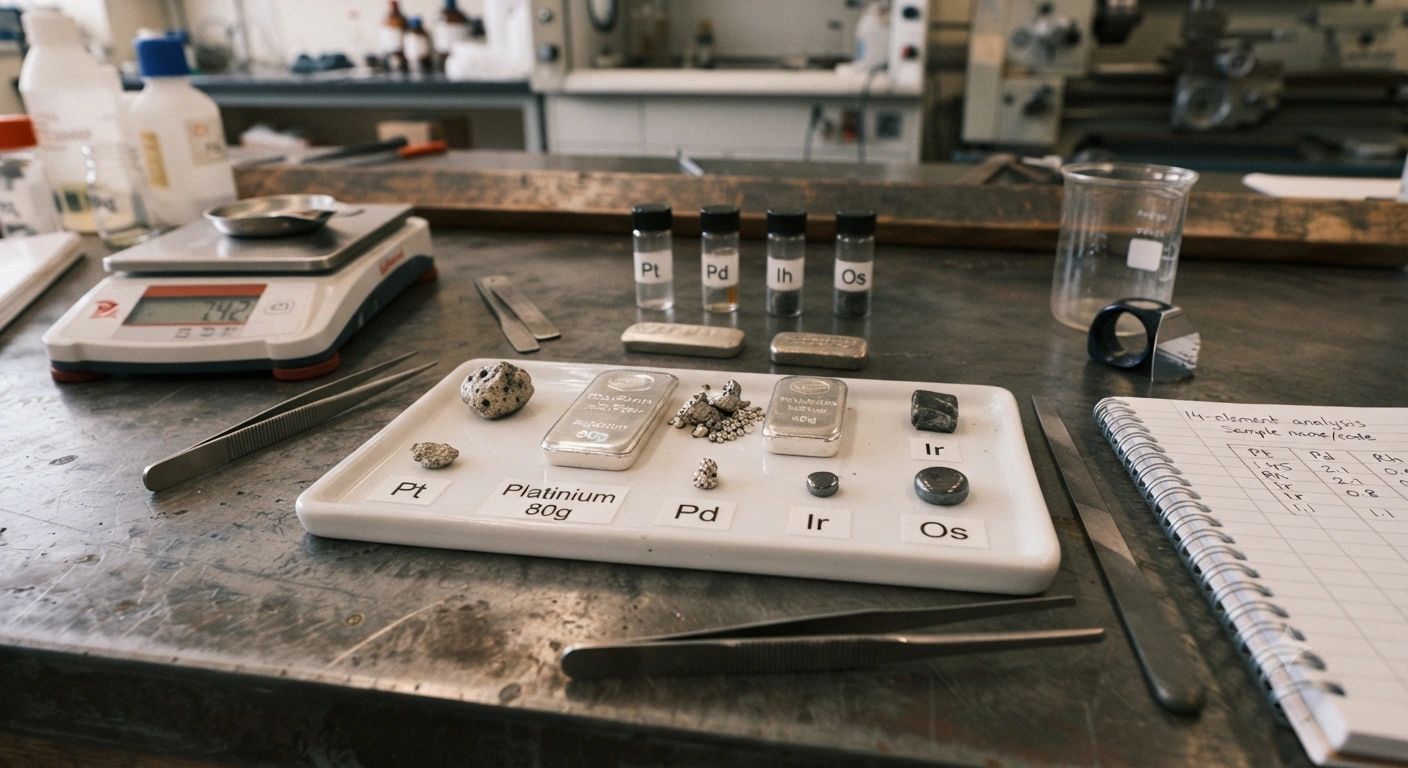 Precious metal samples including Platinum, Palladium, Iridium, and Osmium in a laboratory setting